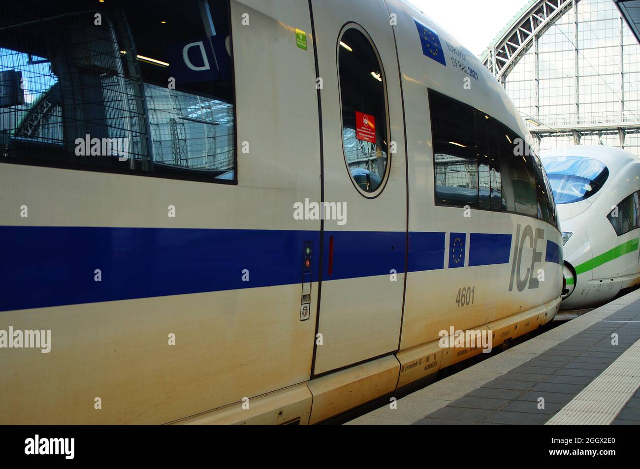 FRANKFURT, GERMANY - Aug 31, 2021: Head of an ICE 3, named 'Europa', in European livery with blue stripe coupled with a classic one in Frankfurt Centr Stock Photo