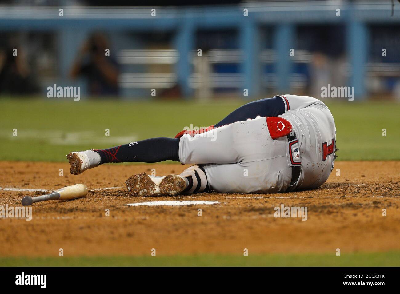 Atlanta Braves second basemen Ozzie Albies (1) gets injured while batting during an MLB regular season game against the Los Angeles Dodgers, Tuesday, Stock Photo