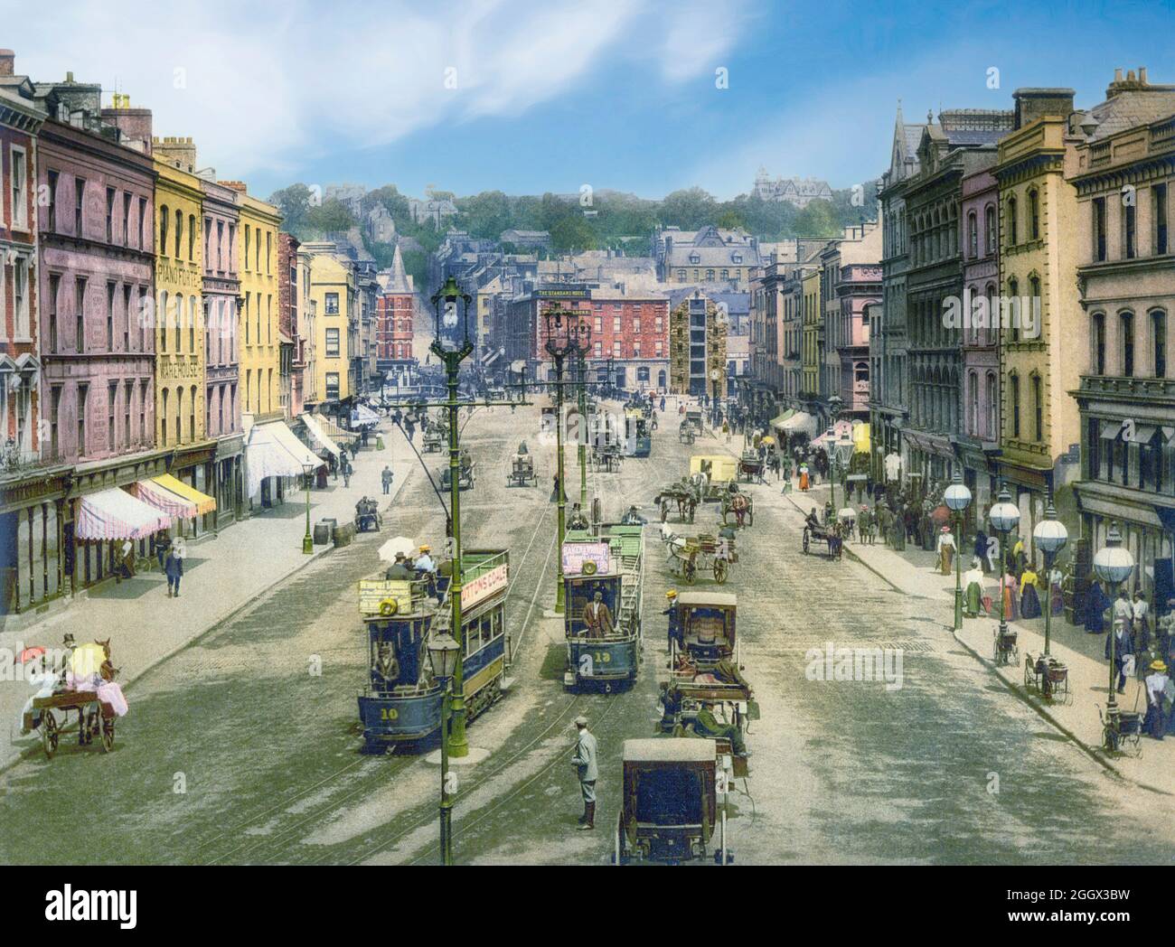 An early 20th century view of St Patrick's Street in Cork City, the second largest city in Ireland. The street dates from the late 18th century, when the city expanded beyond the ancient walls centered on North and South Main Streets. From 1898 to 1931, the street was served by the Cork Electric Tramways and Lighting Company when services started on 22 December 1898. Stock Photo
