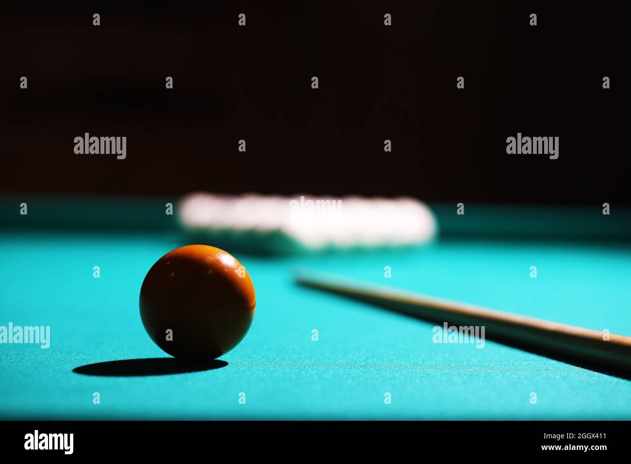 Billiard club. Gambling table with russian billiard set and dark cue
