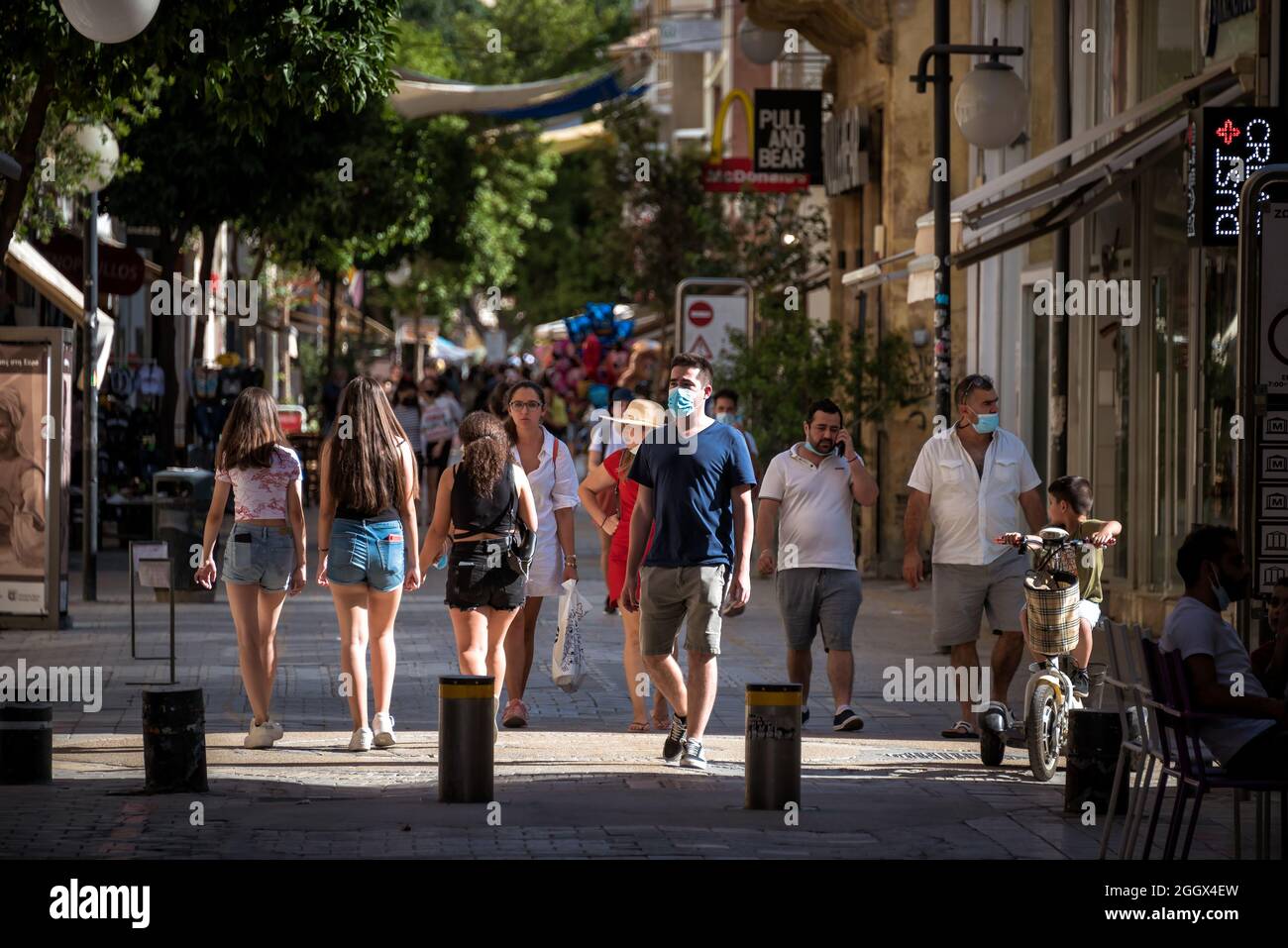 Nicosia, Cyprus June 26, 2021 Crowd of people in face masks at Ledra