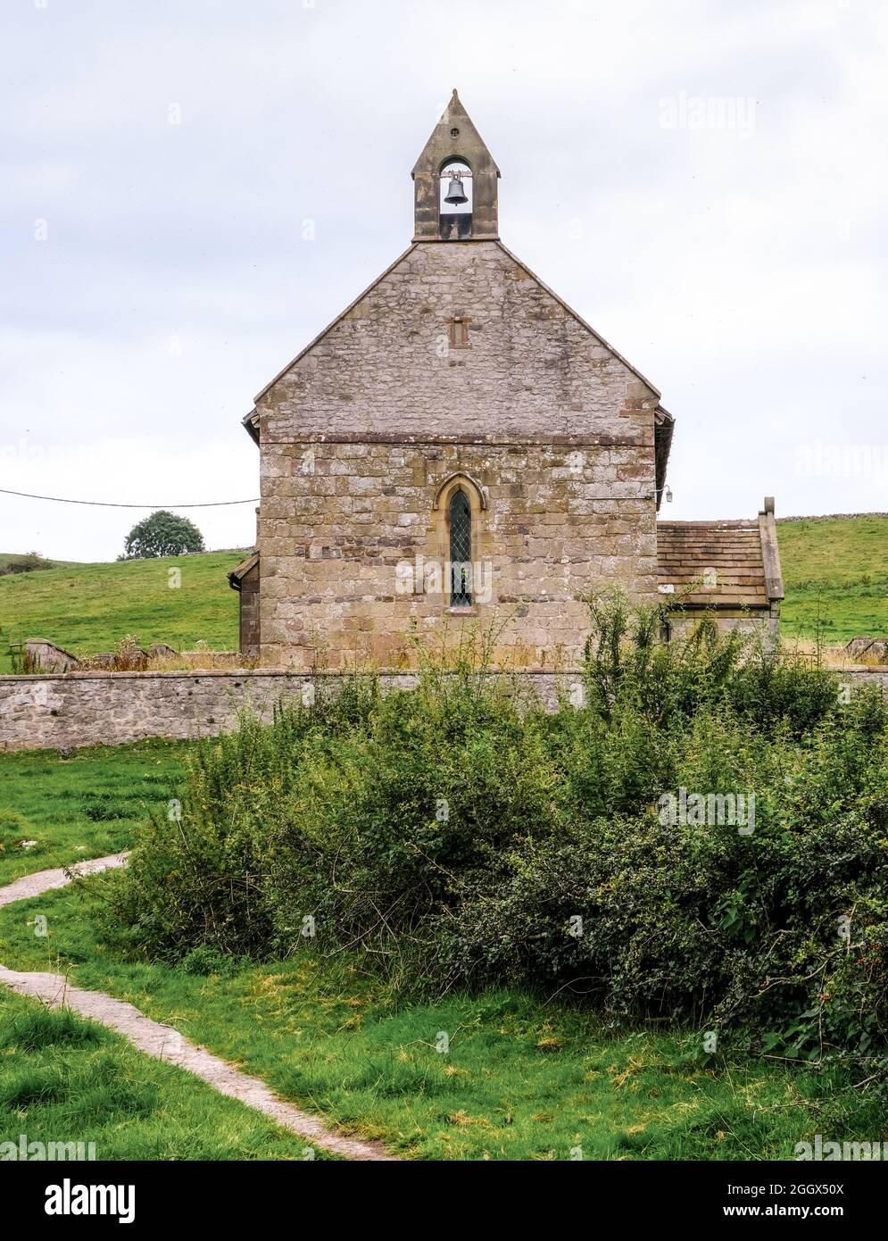 An end view of the ancient Ballidon church in the White Peak area of Derbyshire. Stock Photo