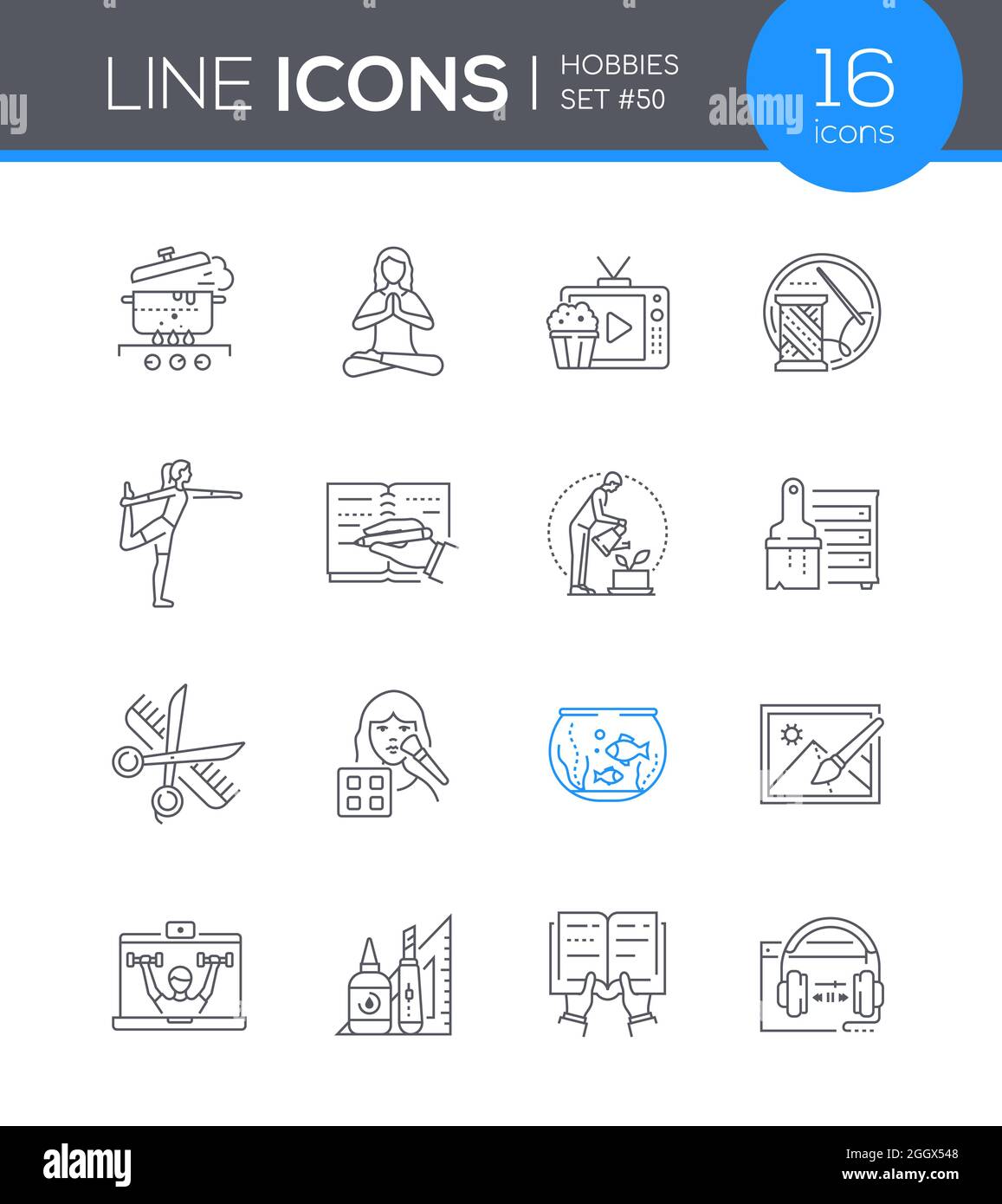 Hobbies - modern line design style icon set. Neat images with various ...