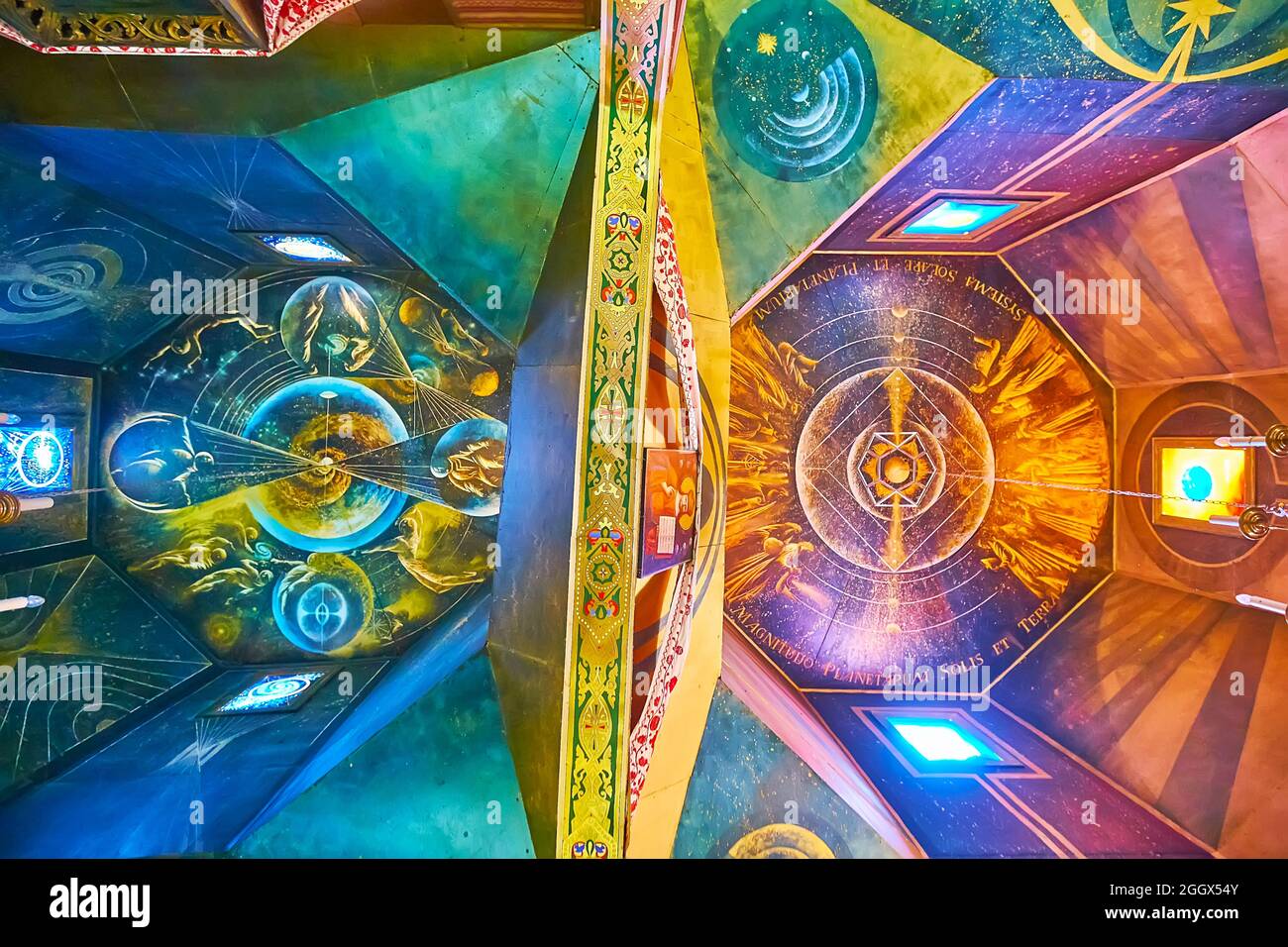 PEREIASLAV, UKRAINE - MAY 22, 2021: The inner domes of Museum of Ukrainian Orthodox Church History in Pereiaslav Scansen, decorated with space scenes, Stock Photo