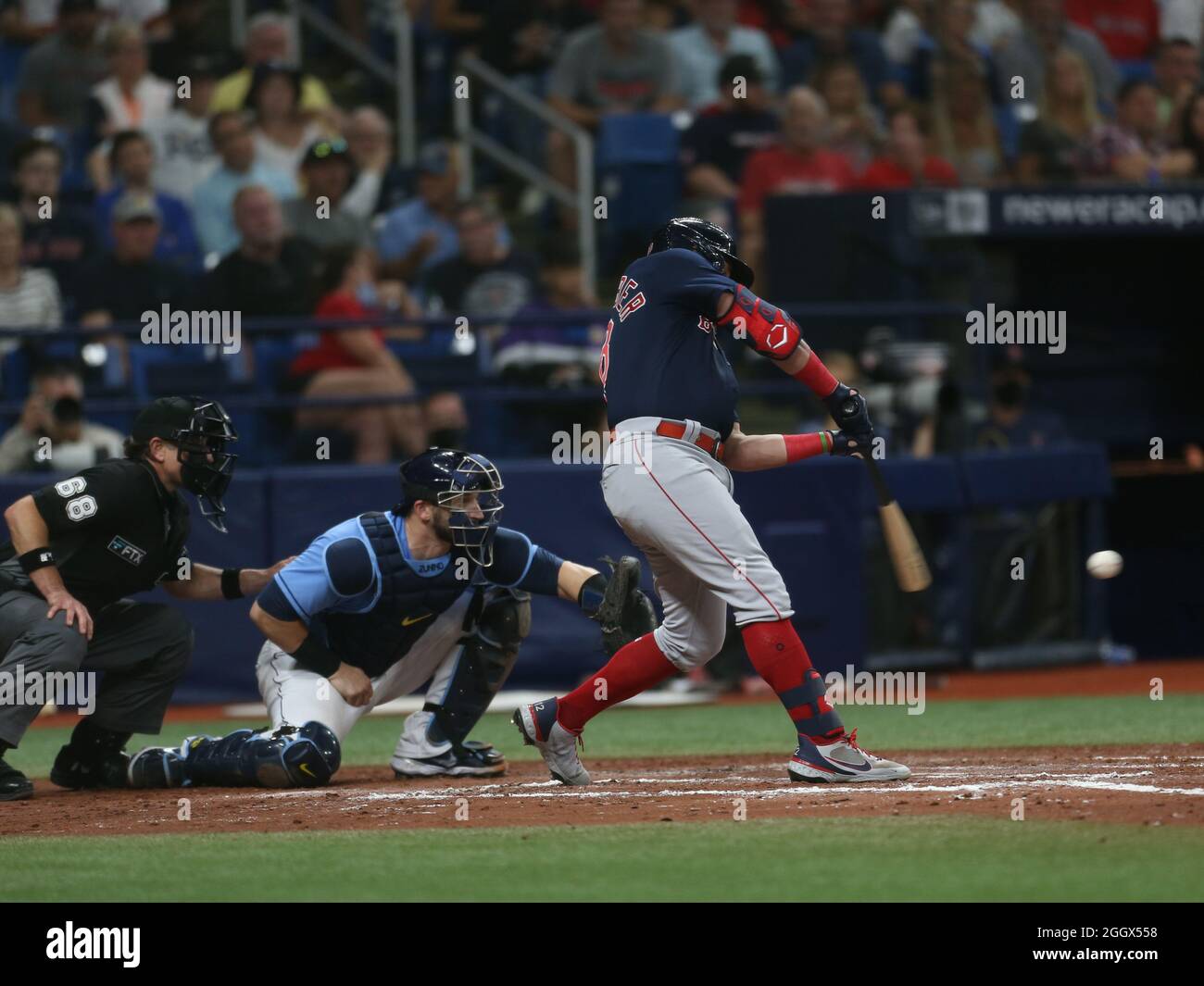 St. Petersburg, FL. USA; Boston Red Sox left fielder Kyle Schwarber (18)  catches a foul ball for the out during a major league baseball game against  Stock Photo - Alamy