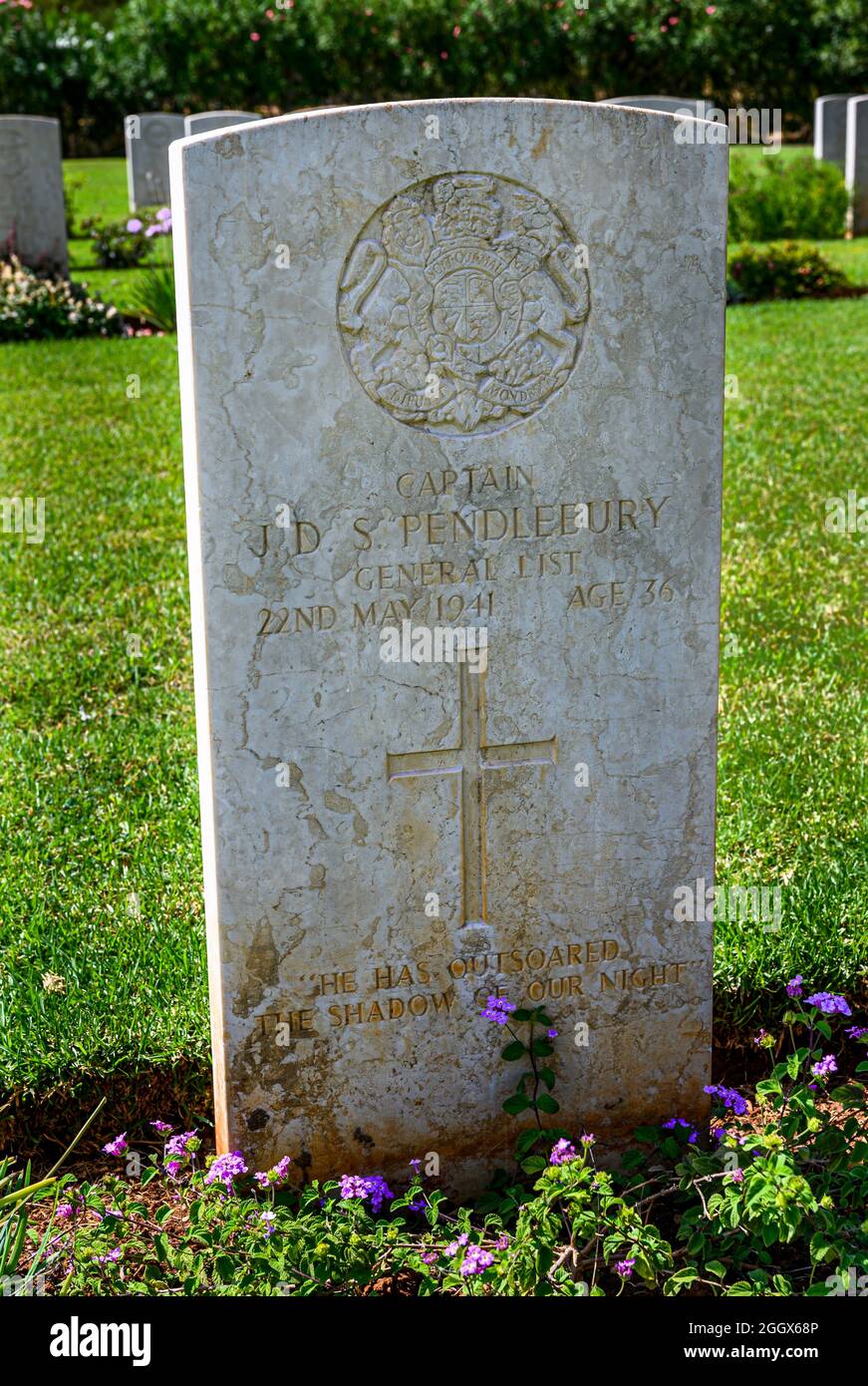Suda Bay War Cemetery, Chania, Crete, Greece – The grave of Captain John Pendlebury Stock Photo