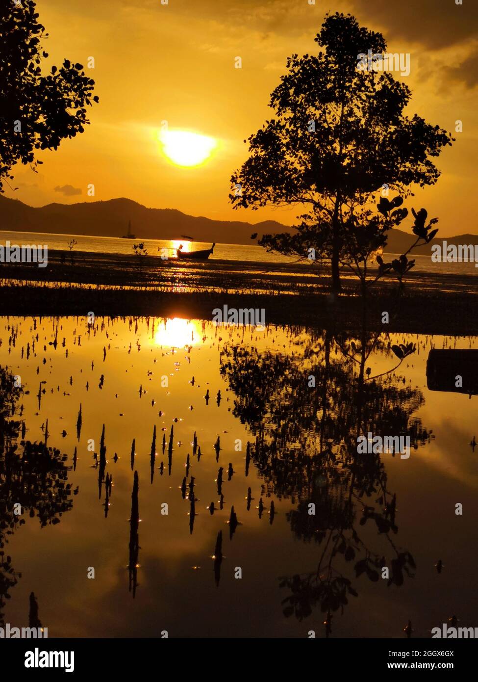 Vertical shot of a fishing boat and trees on a lake against a beautiful ...