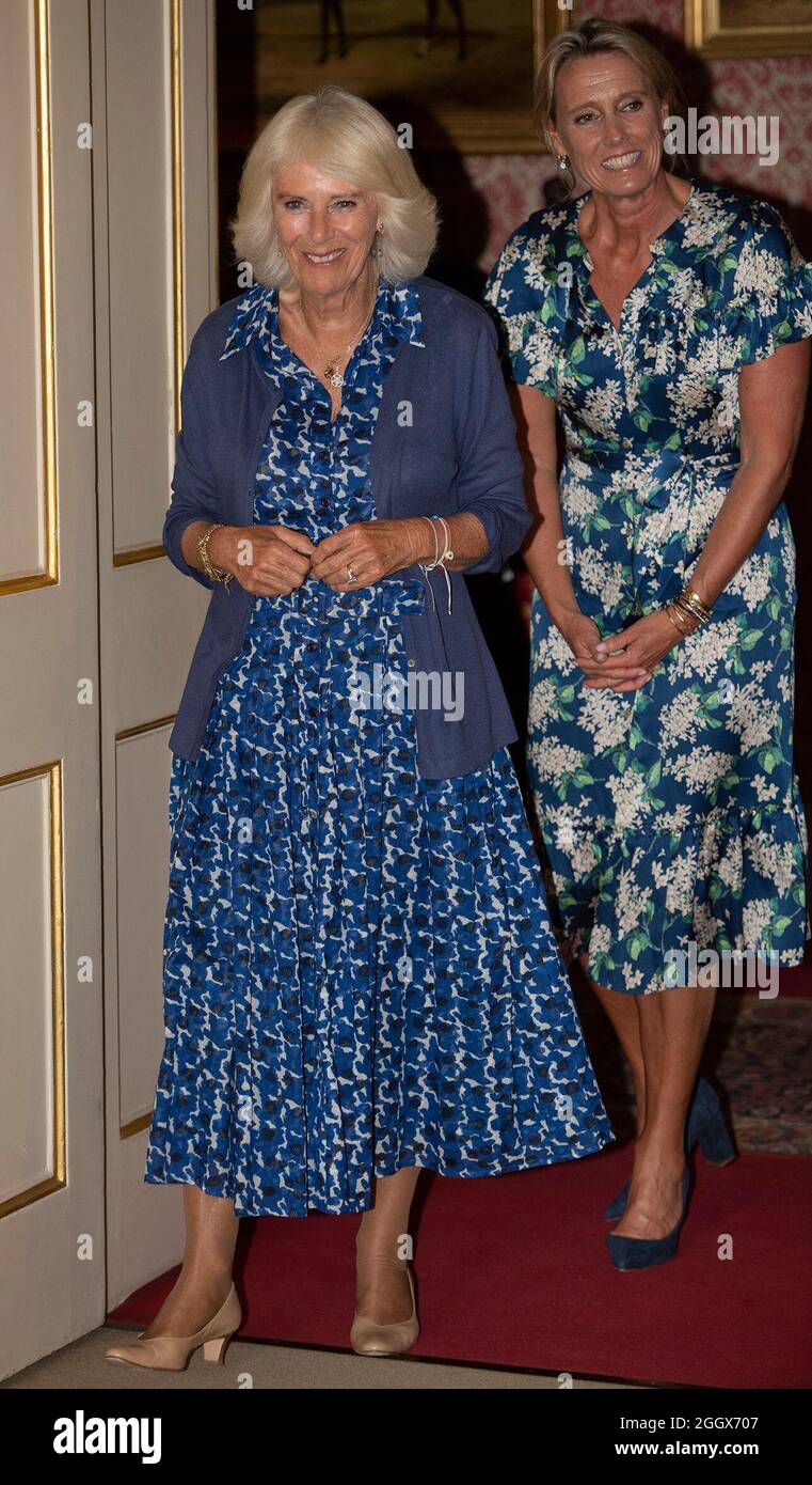The Duchess of Cornwall arrives to meet with young women, who have been supported by the Prince's Trust, ahead of the charity's Brilliant Breakfast campaign, during a reception at Clarence House, London. Picture date: Friday September 3, 2021. Stock Photo