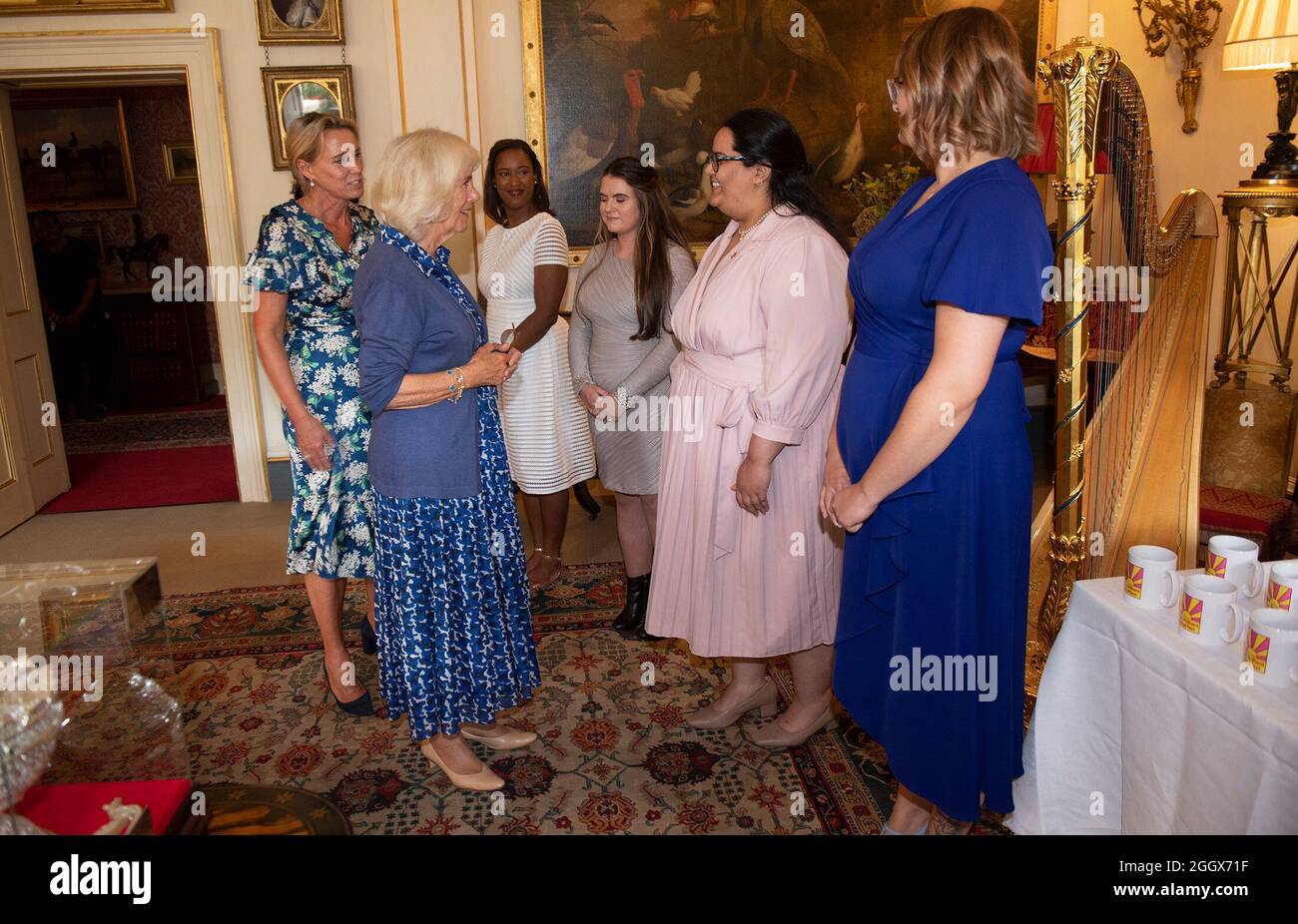 The Duchess of Cornwall (second left) meets with young women, who have been supported by the Prince's Trust, ahead of the charity's Brilliant Breakfast campaign, during a reception at Clarence House, London. Picture date: Friday September 3, 2021. Stock Photo