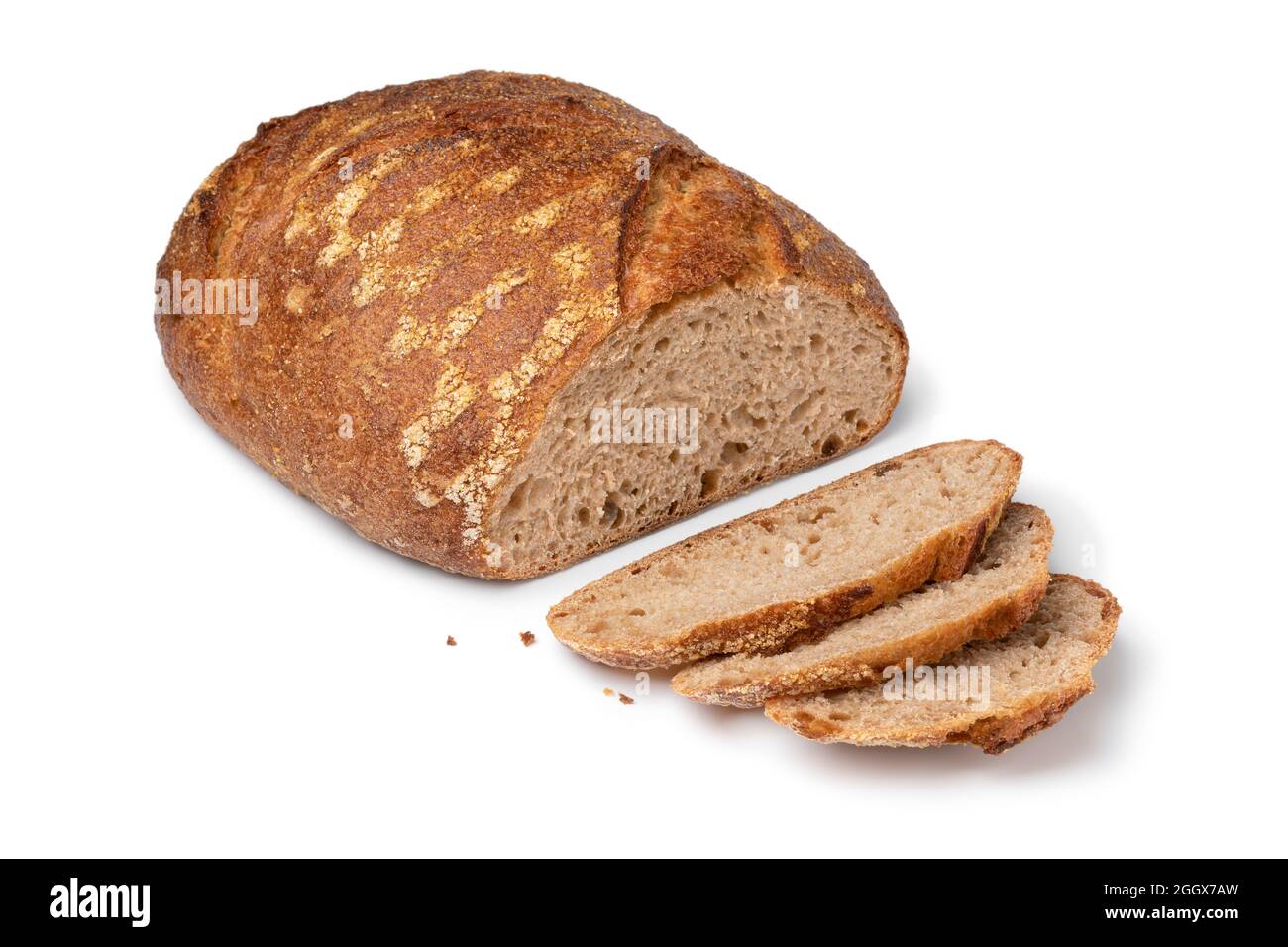 Sliced whole fresh baked German dinkel wheat bread isolated on white background Stock Photo
