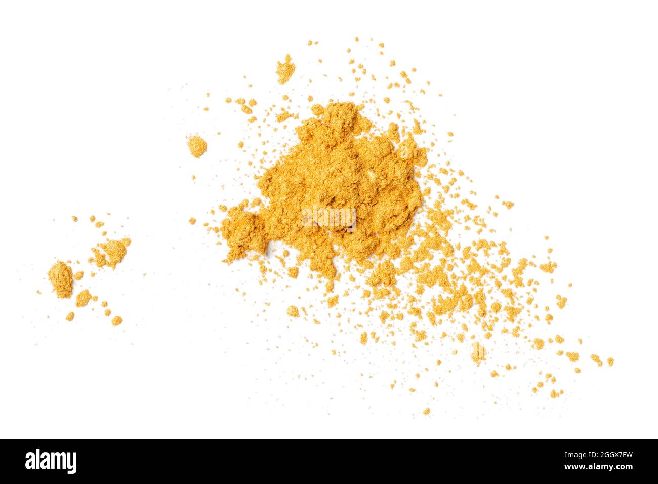 Heap of gold powder dust isolated on white background Stock Photo