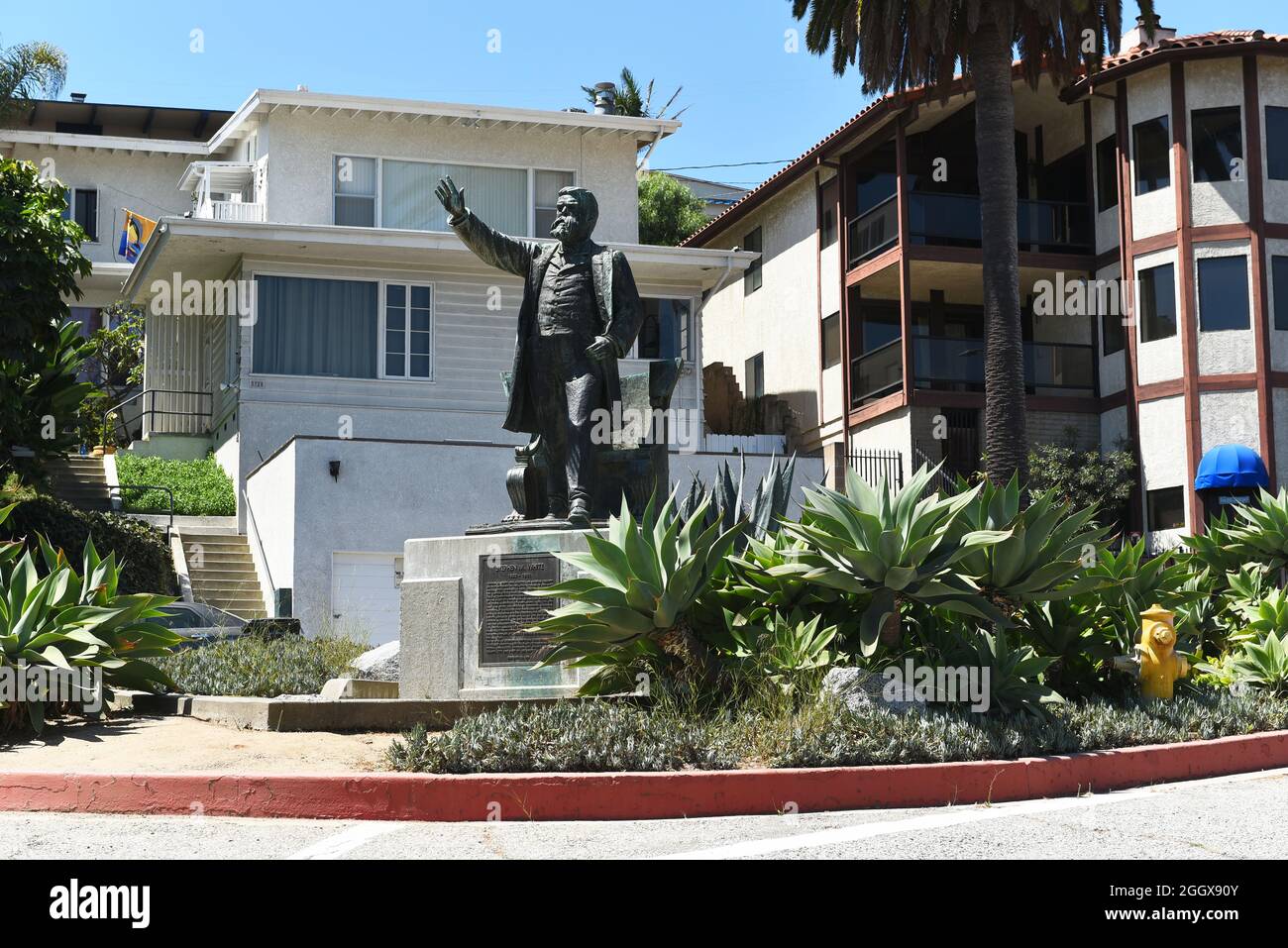 SAN PEDRO, CALIFORNIA - 27 AUG 2021: Stephen M. White statue at the entrance to Cabrillo Beach, San Pedro, near the harbor he helped create. Stock Photo