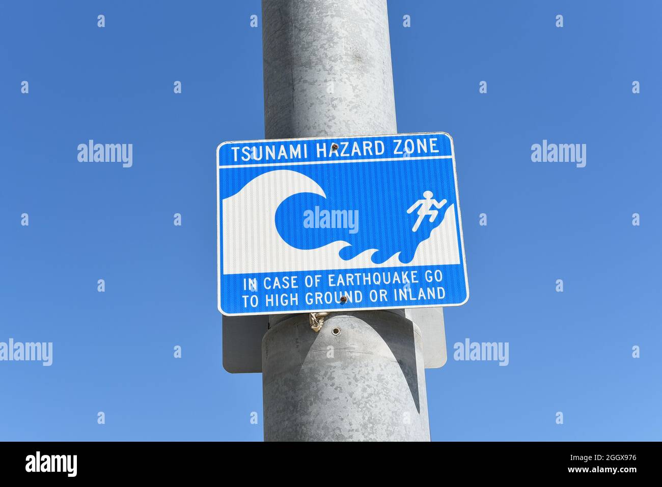 SAN PEDRO, CALIFORNIA - 27 AUG 2021: Tsunami Hazard Zone warning sign at Cabrillo Beach. Stock Photo