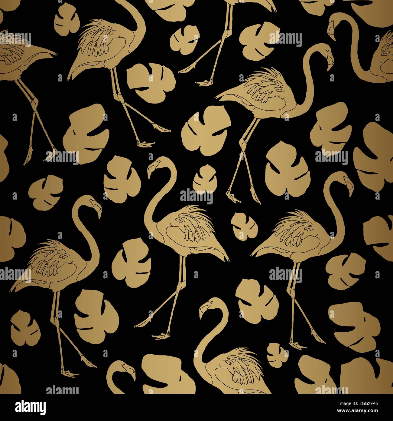 Black Gold Flamingo Seamless Pattern Stock Vector