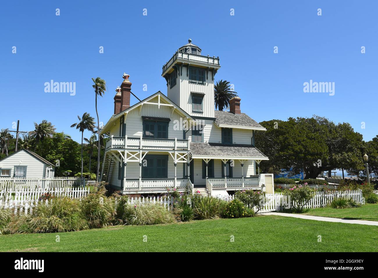 SAN PEDRO, CALIFORNIA - 27 AUG 2021: The Point Fermin Lighthouse, a Stick Style Victorian building designed by Paul Pelz. Stock Photo