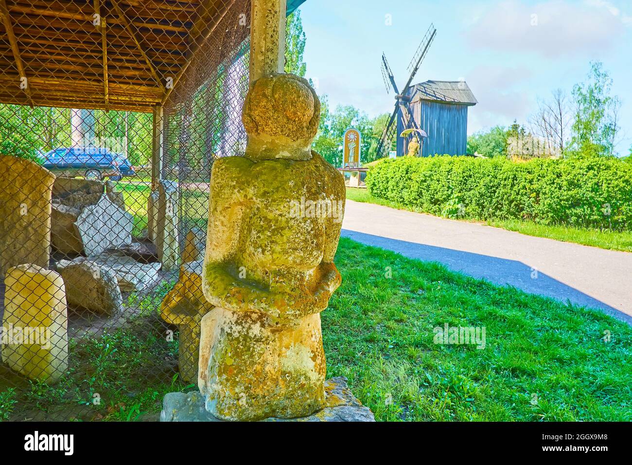 The ancient stone anthropomorphic statue - Kurgan stelae, preserved in Pereiaslav Scansen, Ukraine Stock Photo