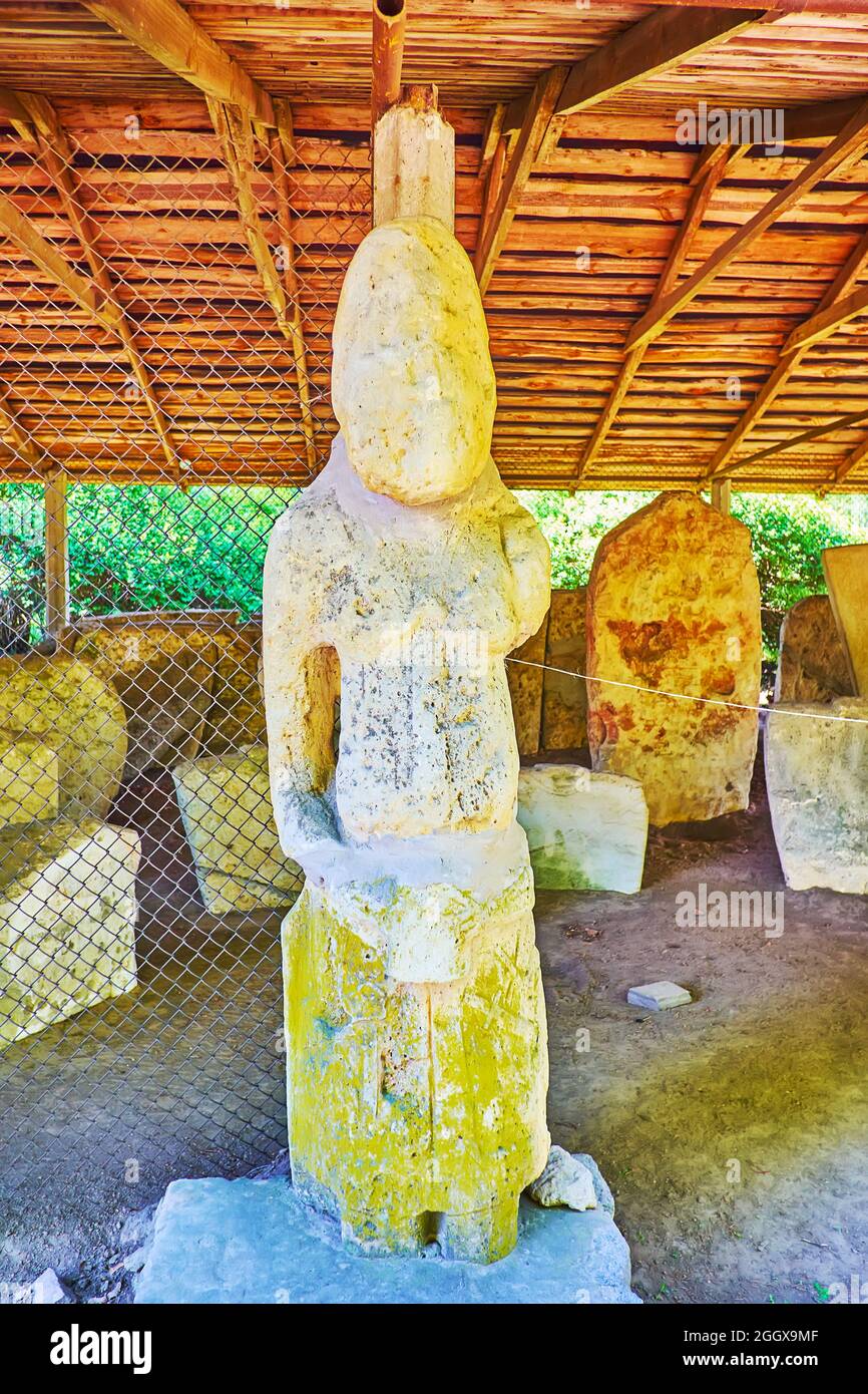 The ancient stone ruins of Kurgan stelae (anthropomorphic statue), located in Pereiaslav Scansen, Ukraine Stock Photo