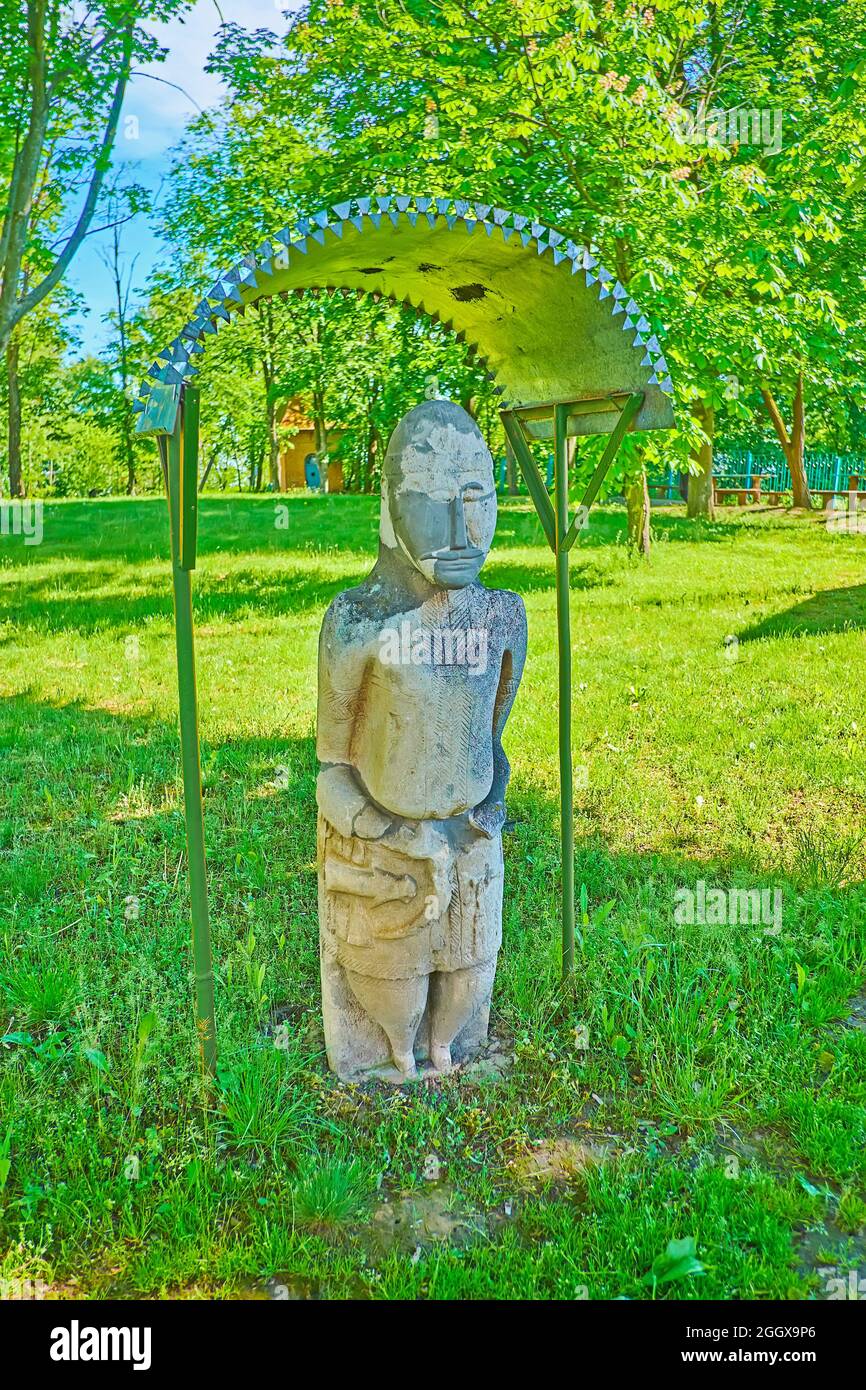 The ruins of the anicent Cuman statue of a warrior, located in Pereiaslav Scansen, Ukraine Stock Photo