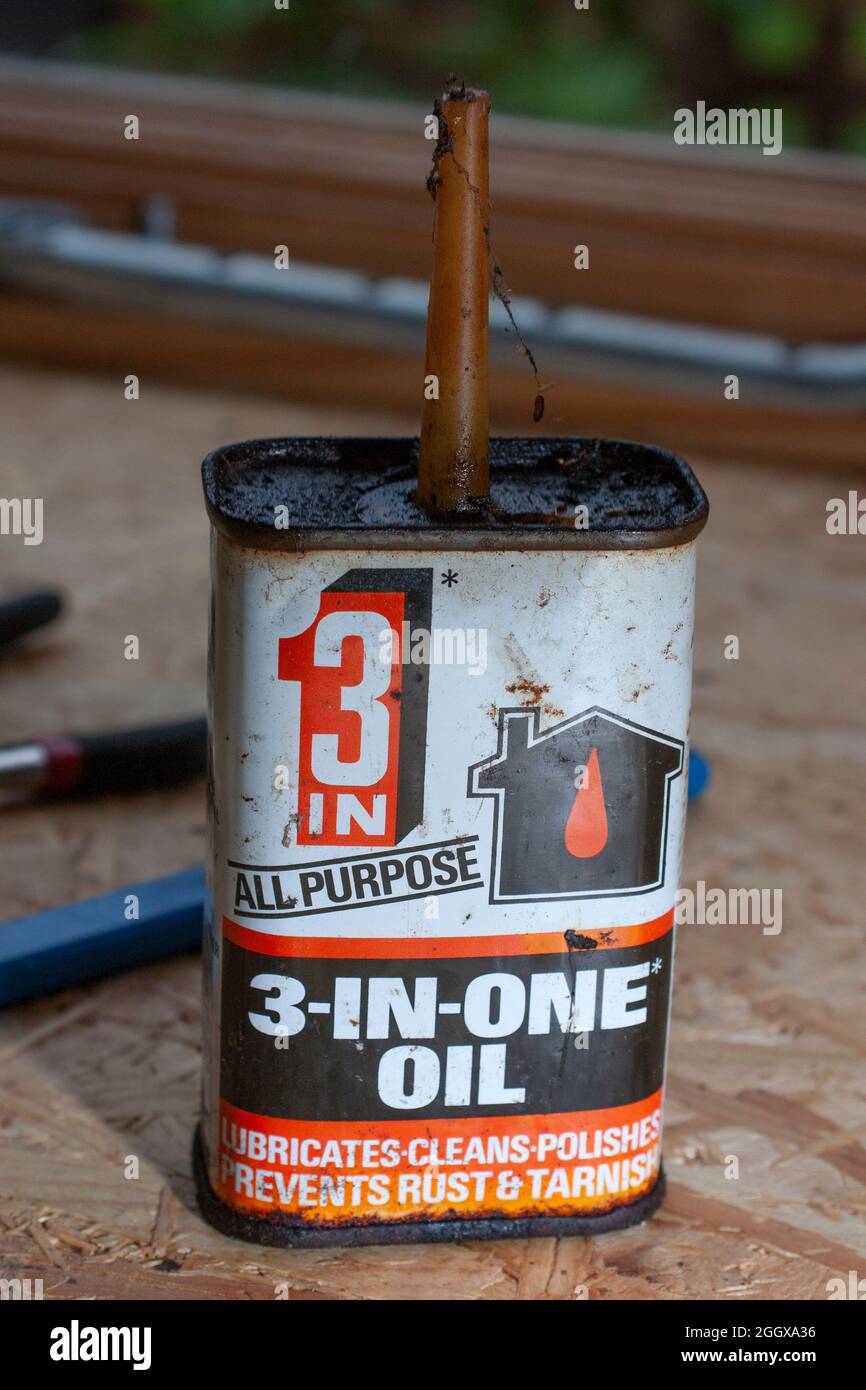 Old can of 3 in one oil lubricant cleaner, popular household product, owned by WD-40 company Stock Photo