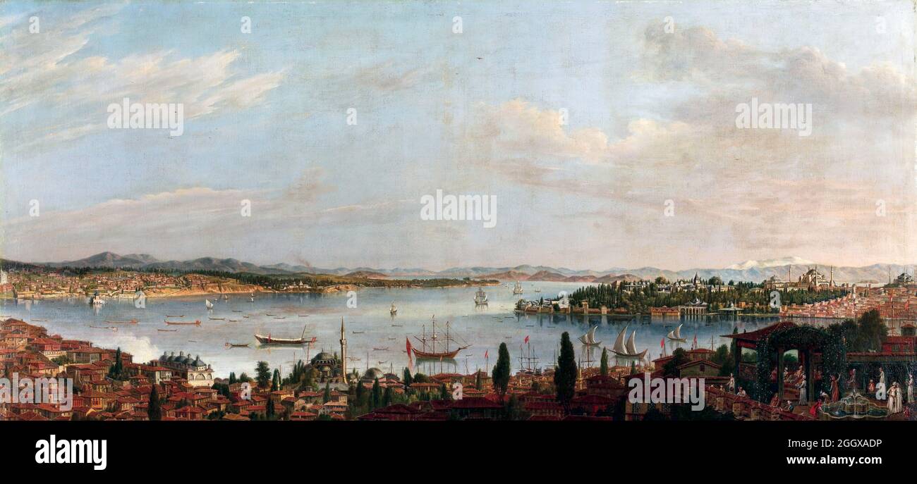 Panorama of Istanbul by Antoine de Favray (1706-1798), oil on canvas, late 18th century Stock Photo