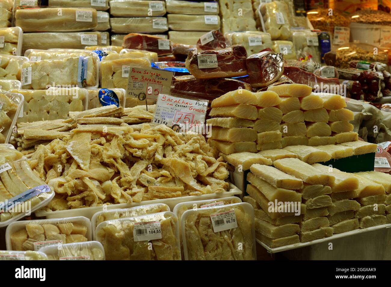 Salted dried codfish in a row stacked in Brazilian market. Mercado Municipal, Sao Paulo Stock Photo