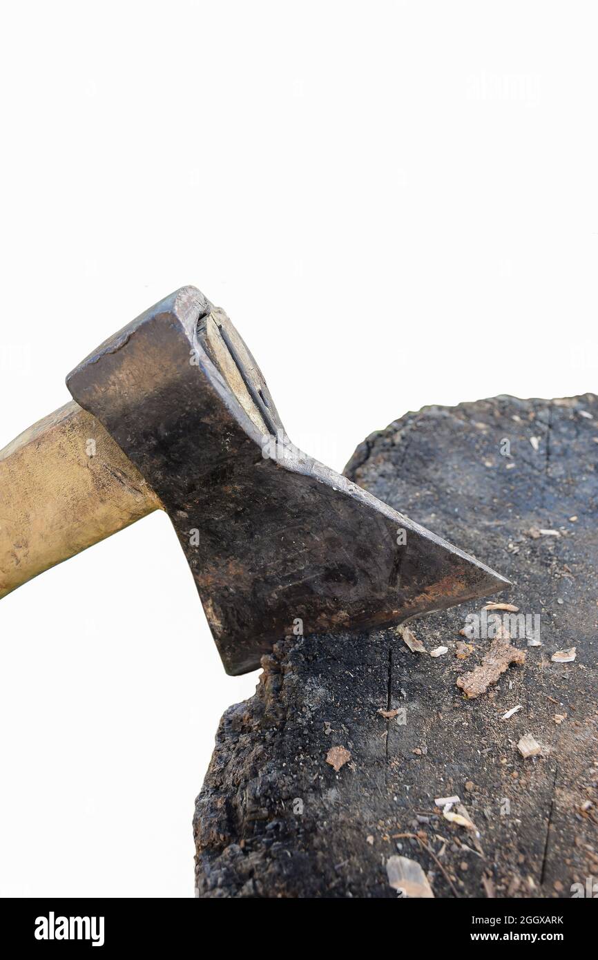 Ax stuck in wooden deck on white clipping background Stock Photo
