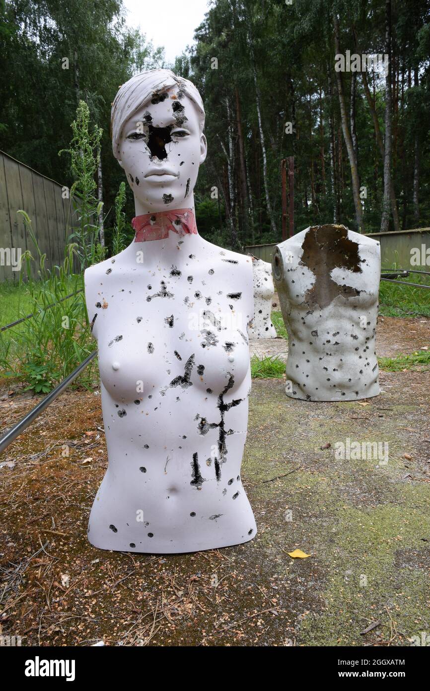 A shooting gallery in the woods with fired targets - dummies. Stock Photo