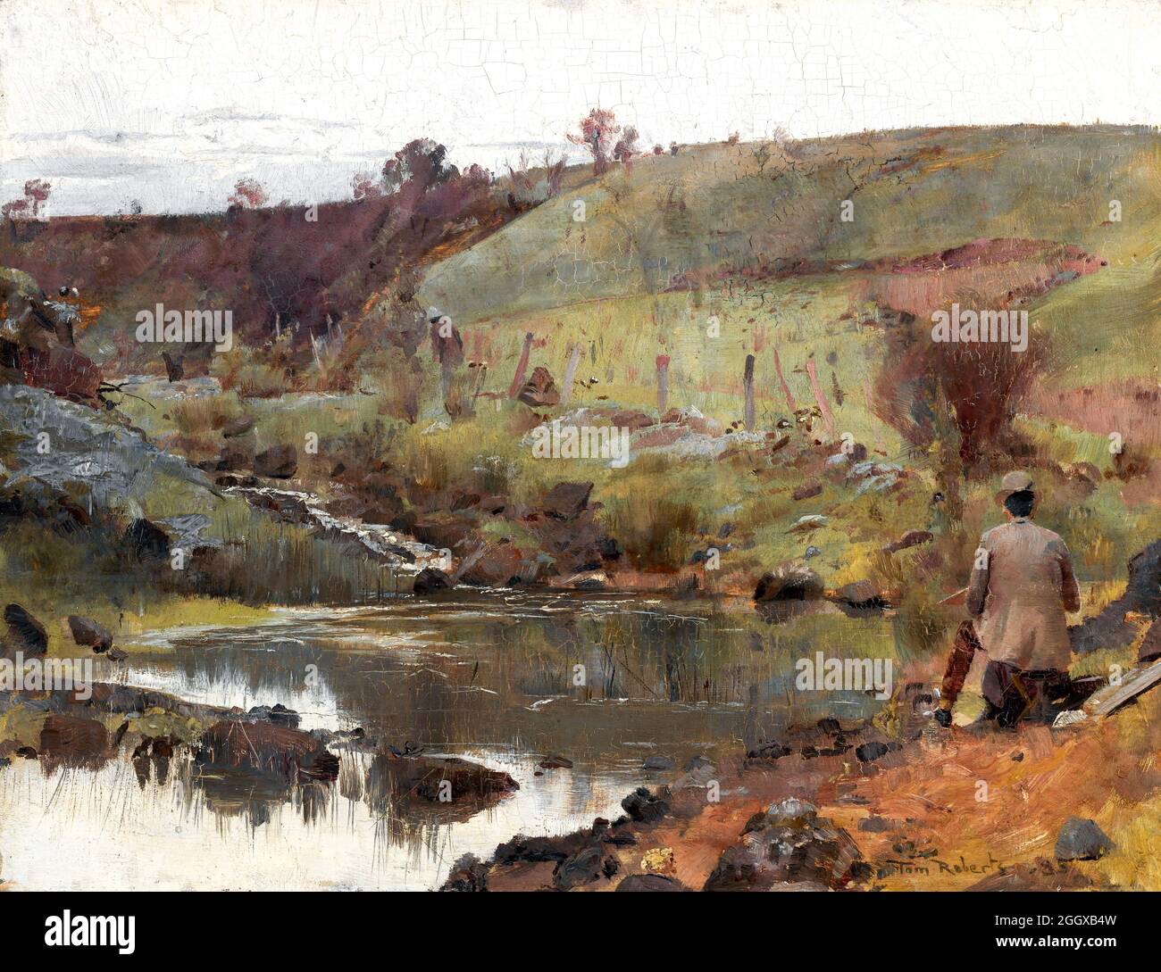 Tom Roberts. Painting entitled 'A Quiet Day on Darebin Creek' by Thomas William Roberts (1856-1931), oil on wood panel, 1885 Stock Photo