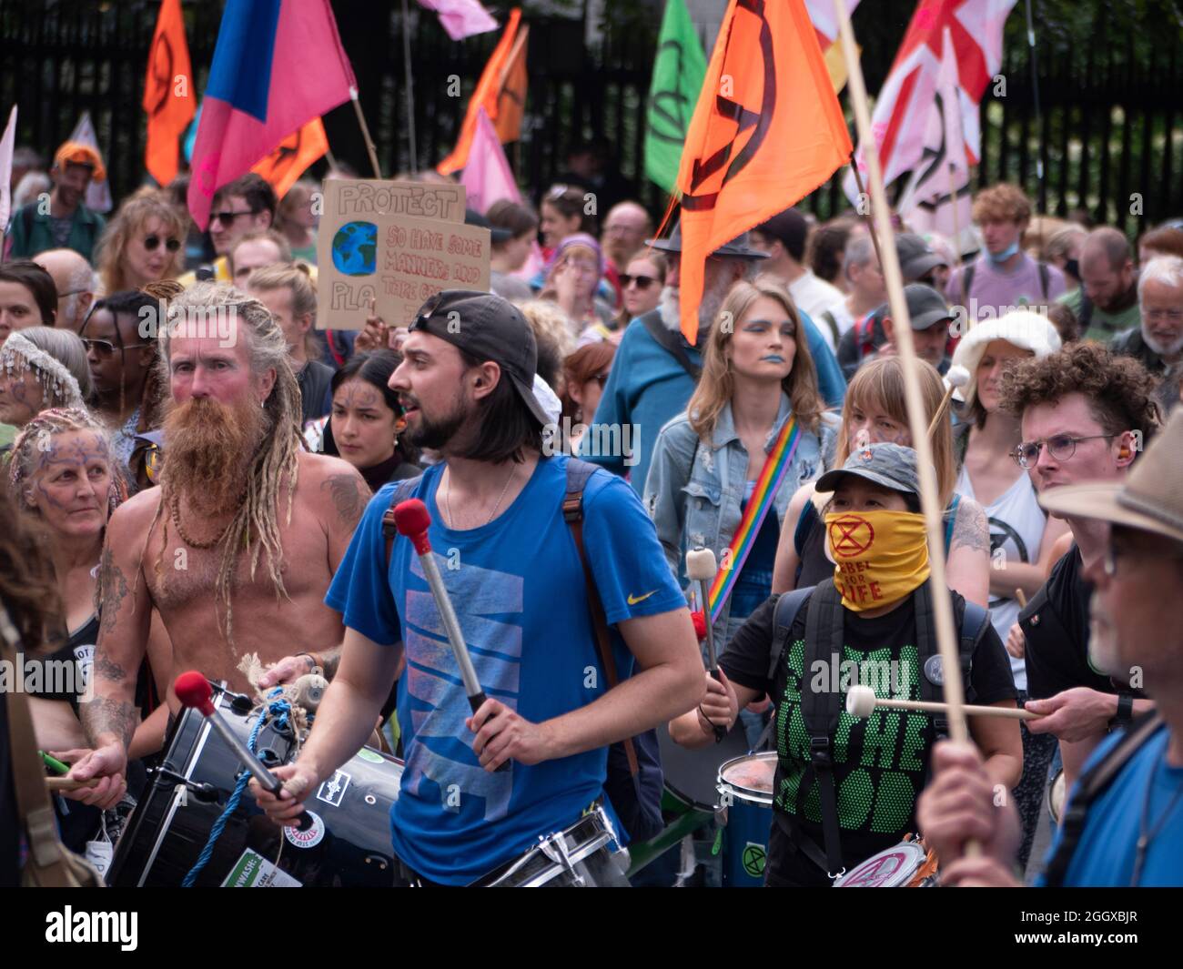 Extinction Rebellion Protest XR London UK, 03/09/2021, protesters on XR march in the City of London, with drums and banners Stock Photo