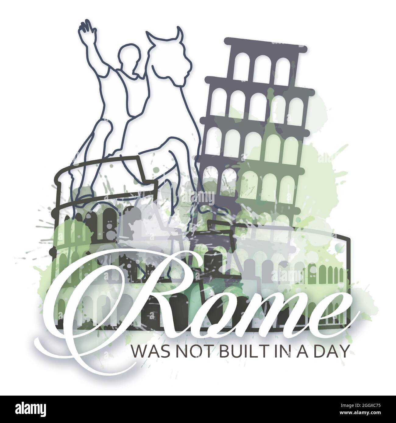 Rome watercolor doodle travel quote - Rome was not built in a day Stock Vector