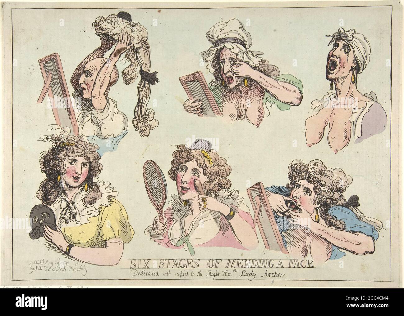 Six stages of mending a face 1792 Lady Archer Artist: Thomas Rowlandson (1756-1827) an English artist and caricaturist of the Georgian Era. A social observer, he was a prolific artist and print maker.  Credit: Levenson Collection/Alamy Stock Photo