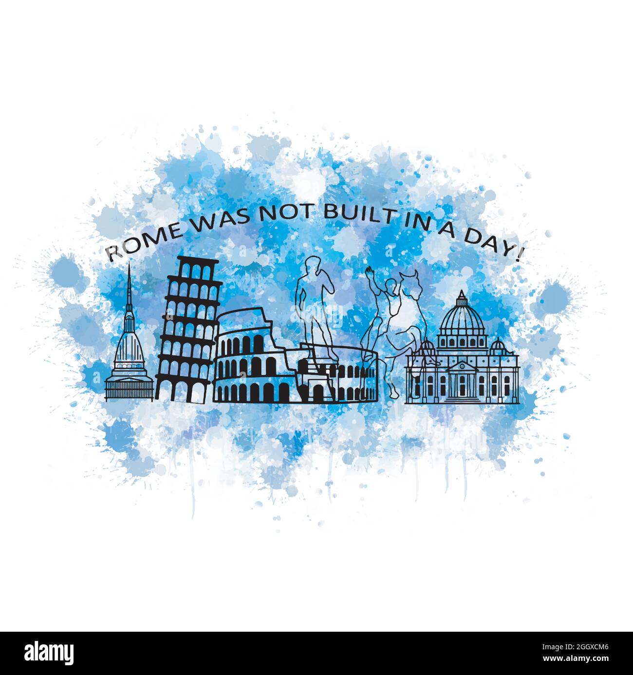 Rome travel quote watercolor doodle- Rome was not built in a day Stock Vector