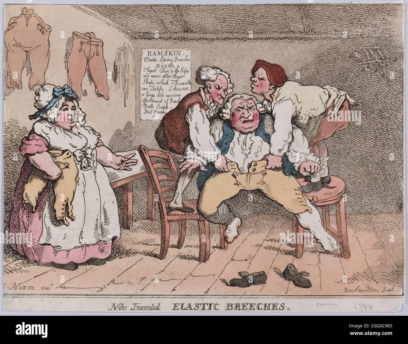 New Invented - Elastic Breeches 1812 Artist: Thomas Rowlandson (1756-1827) an English artist and caricaturist of the Georgian Era. A social observer, he was a prolific artist and print maker.  Credit: Levenson Collection/Alamy Stock Photo