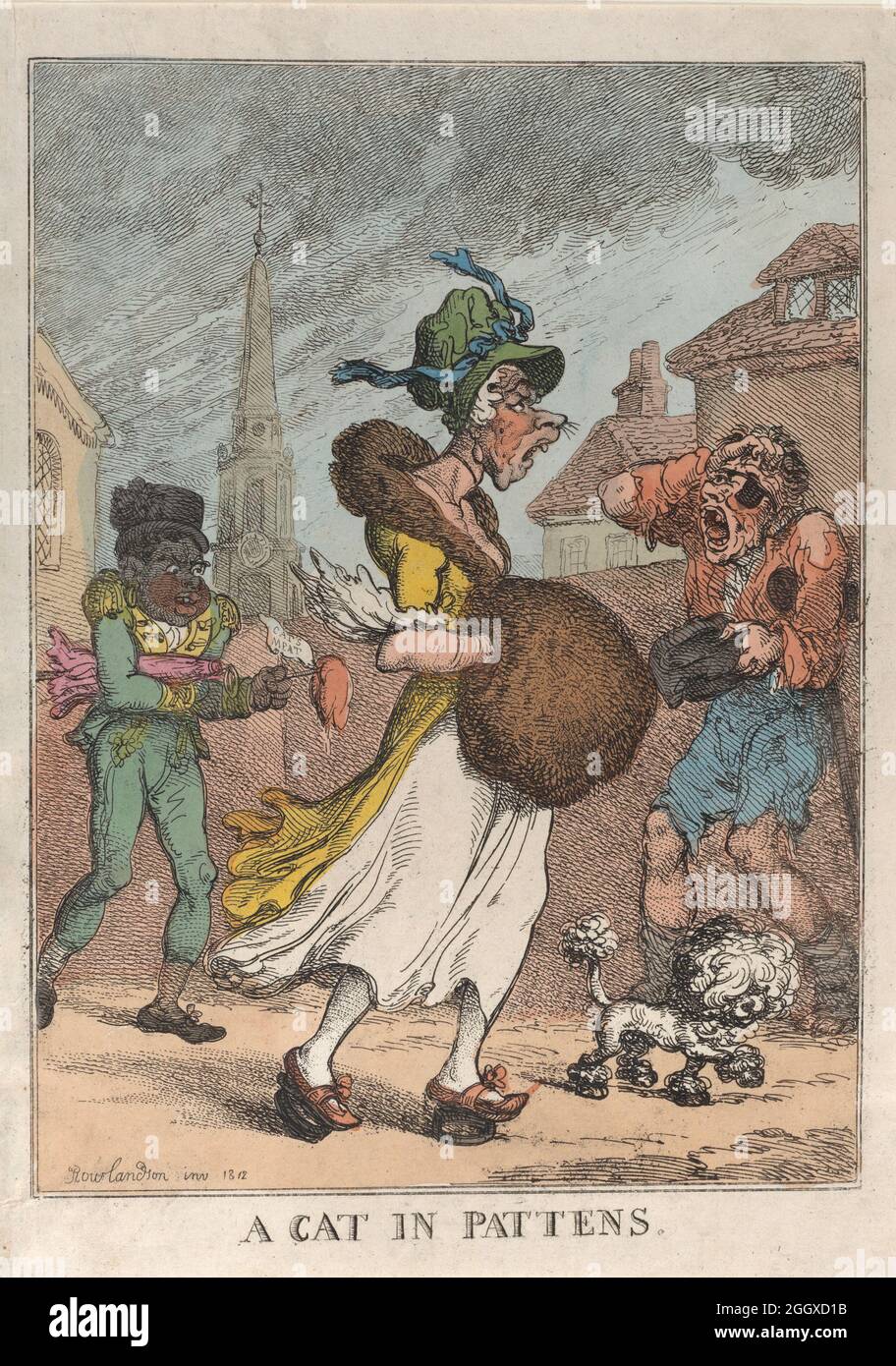A cat in Pattens 1812 Artist: Thomas Rowlandson (1756-1827) an English artist and caricaturist of the Georgian Era. A social observer, he was a prolific artist and print maker.  Credit: Levenson Collection/Alamy Stock Photo