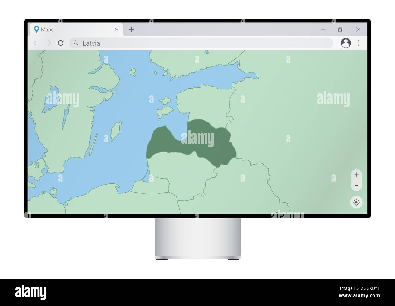 Computer monitor with map of Latvia in browser, search for the country of Latvia on the web mapping program. Vector template. Stock Vector