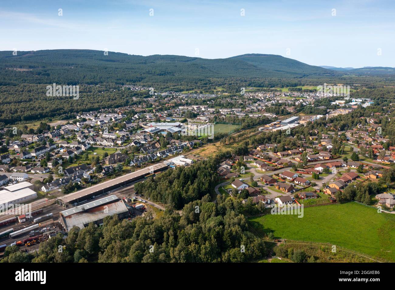 Aerial view from drone of the village of Aviemore, Cairngorms National Park, Highland Region,  Scotland, UK Stock Photo