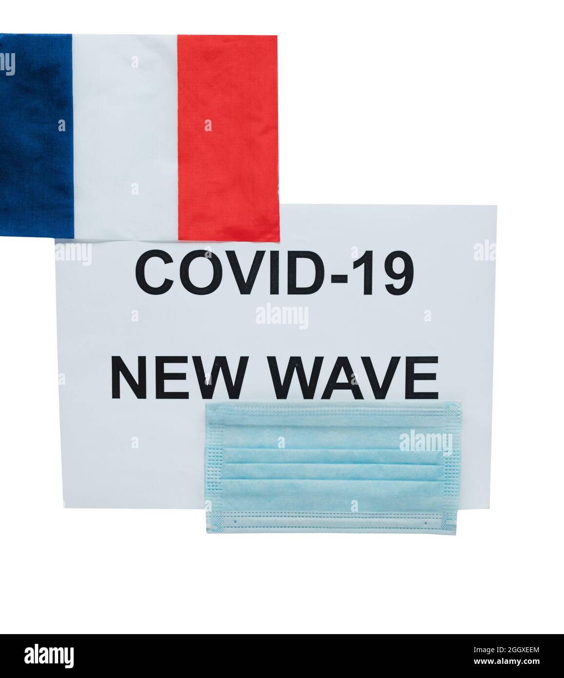 Sheet with the inscription: covid -19 new wave, medical mask and the flag of France. Isolated on white background. Concept of the next wave of covid i Stock Photo