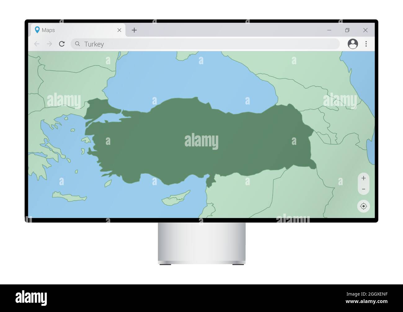 Computer monitor with map of Turkey in browser, search for the country ...