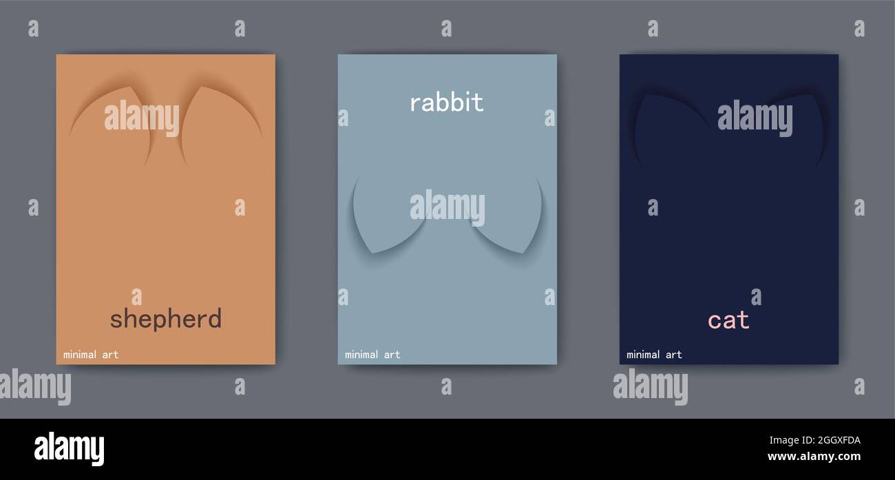 Sheepdog, rabbit and cat. Typical funny drawings of ears only. Posters in a modern minimalist style. Vector graphics Stock Vector