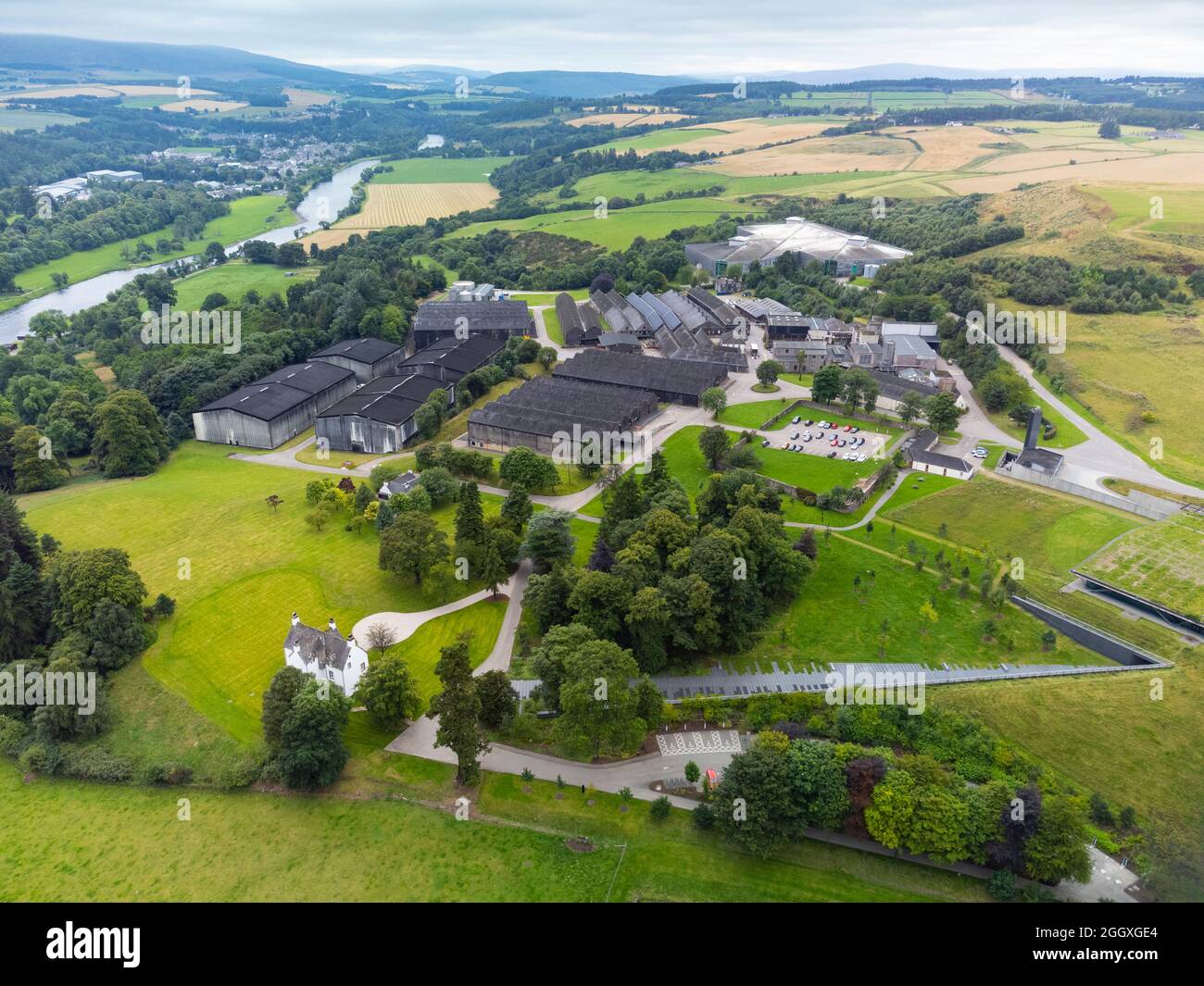Aerial view from drone of Macallan single malt scotch whisky distillery on Speyside at Craigellachie, Moray, Scotland, UK Stock Photo