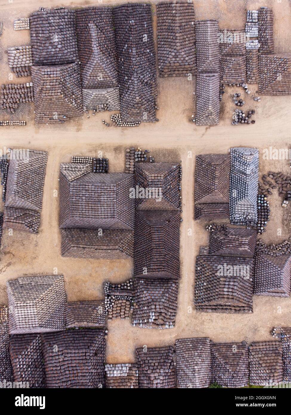 Aerial view from drone of scotch whisky barrels at Speyside Cooperage in  Craigellachie, Banffshire, Scotland, UK Stock Photo