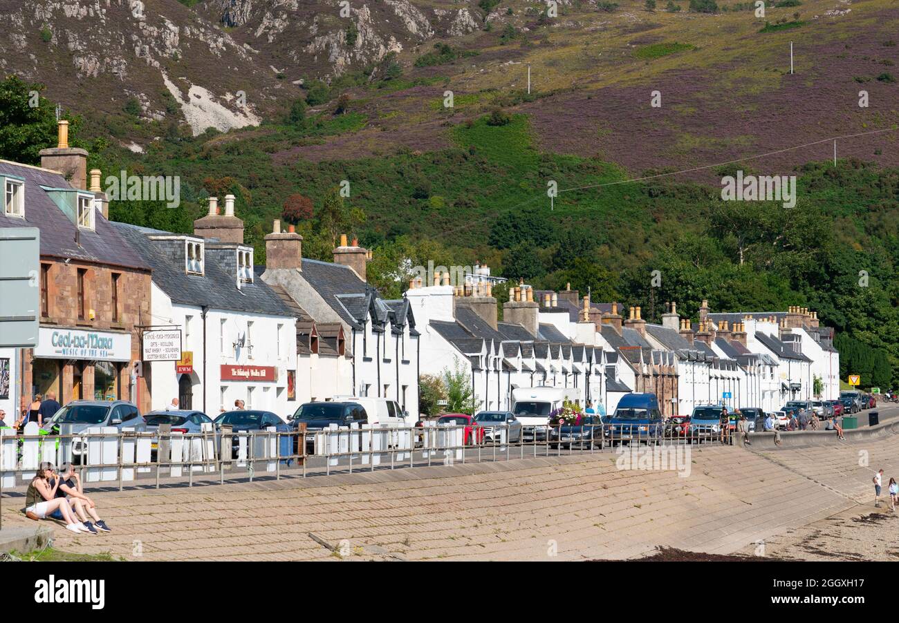 View of whitewashed terraced row of houses in Ullapool, Ross and