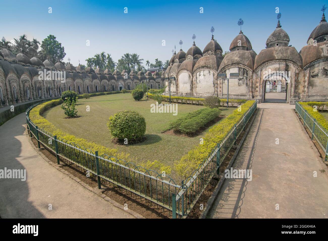 108 Shiva Temples of Kalna, Burdwan , West Bengal. A total of 108 temples of Lord Shiva (a Hindu God), are arranged in two concentric circles. UNESCO. Stock Photo