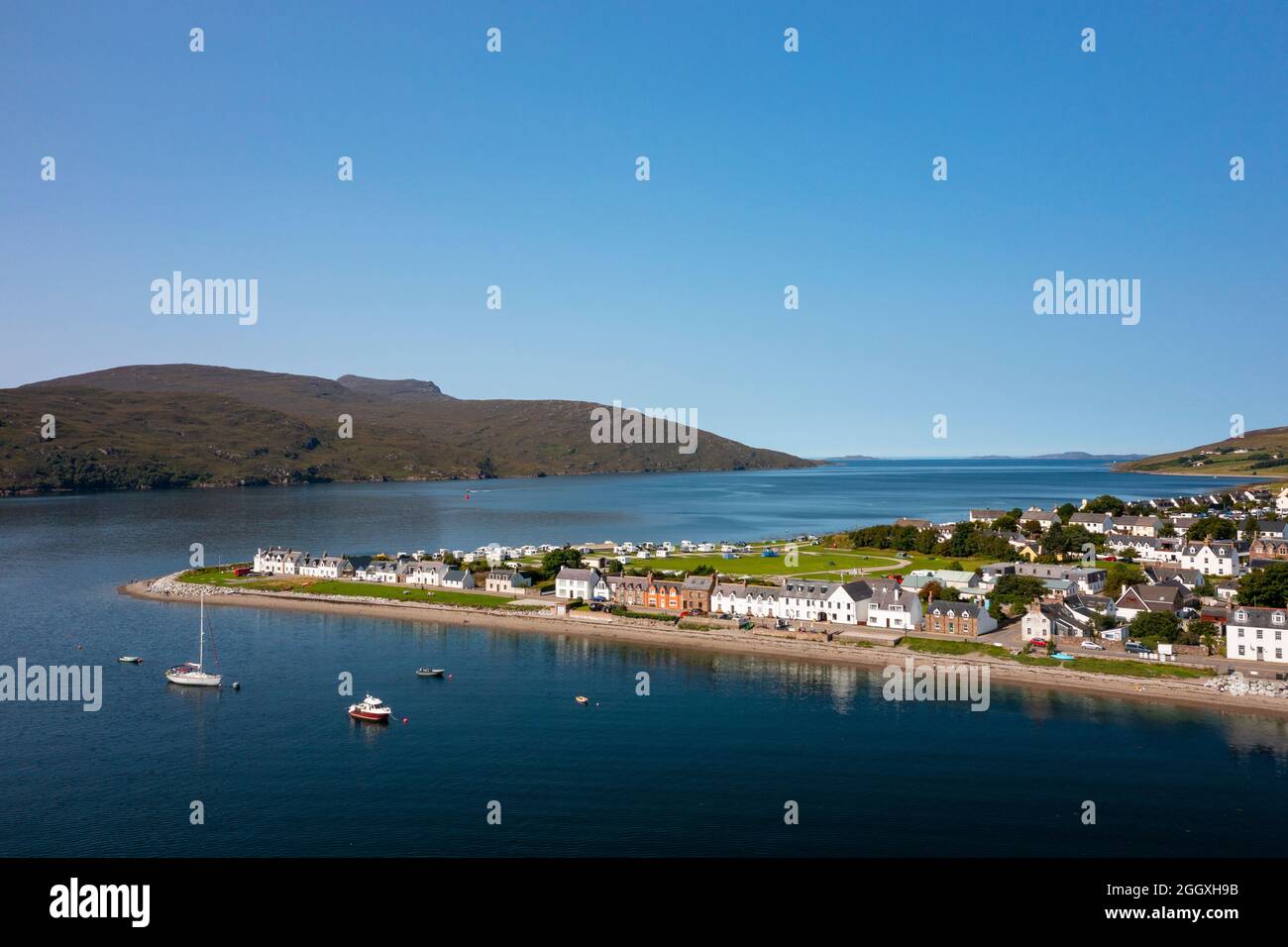 Aerial view from drone of town of Ullapool, Ross and Cromarty, Highland Region, Scotland, Uk Stock Photo