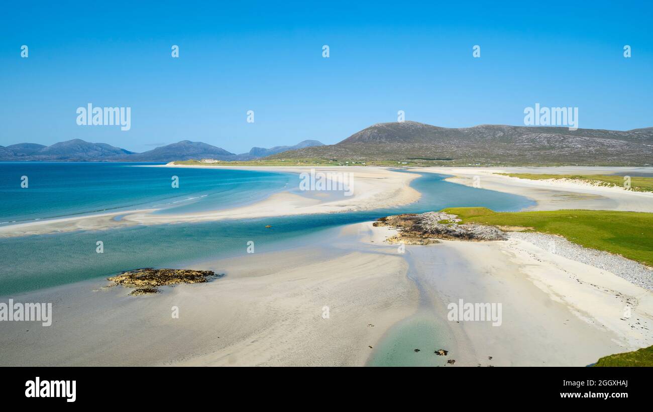 View of Luskentyre Beach and Sound of Taransay, from Seilebost on the Isle of Harris, Outer Hebrides, Scotland, UK Stock Photo