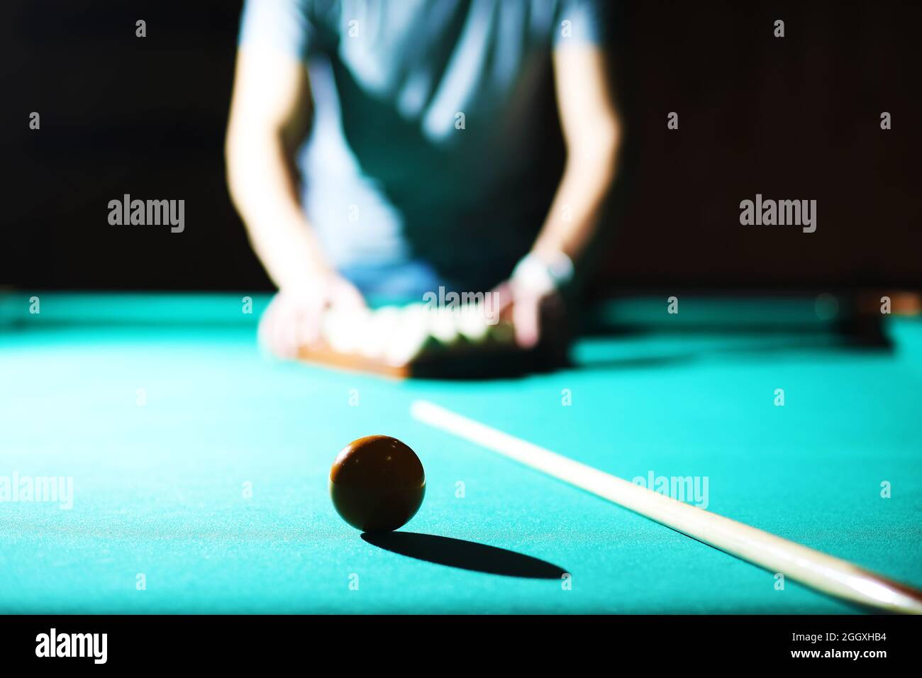 Billiard club. Gambling table with russian billiard set and dark cue