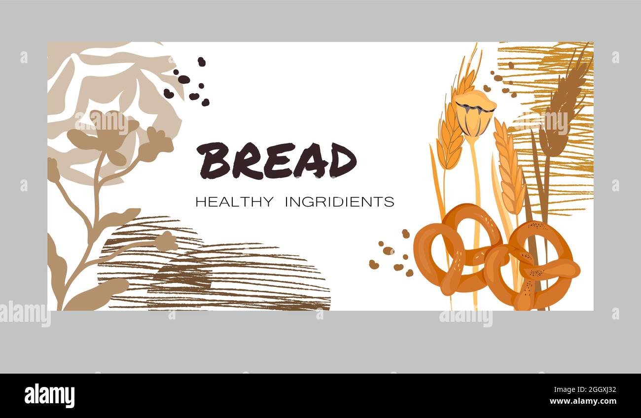 Bread bakery banner or flyer design with cereals, pretzel and abstract ...