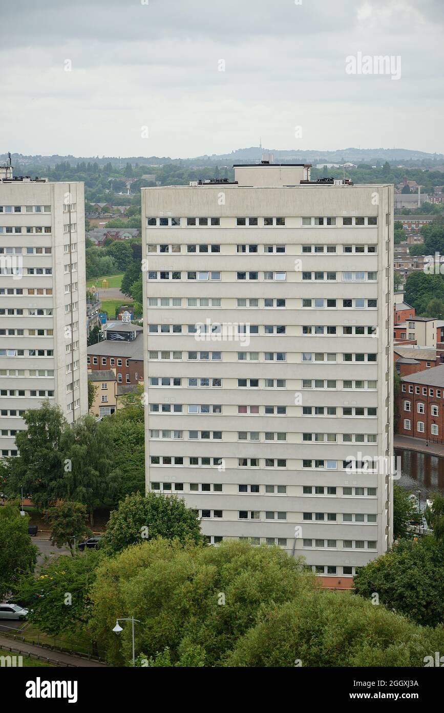 Modern (1970's) tower blocks in Birmingham, West Midlands, UK. Flats or apartments on top of each other with no individual gardens. Stock Photo