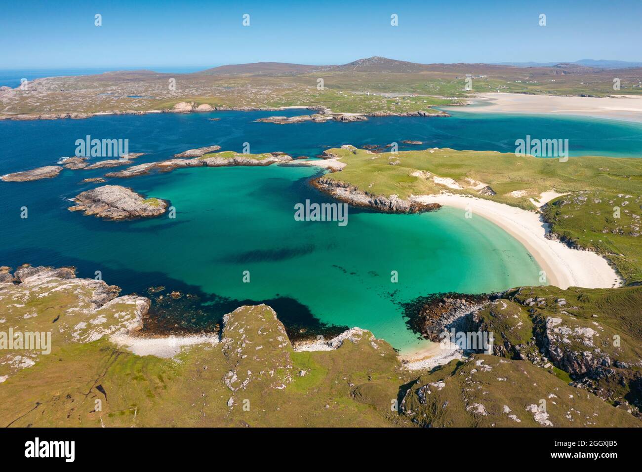 Aerial view from drone of Uig sands beach from Carnish on west coast of