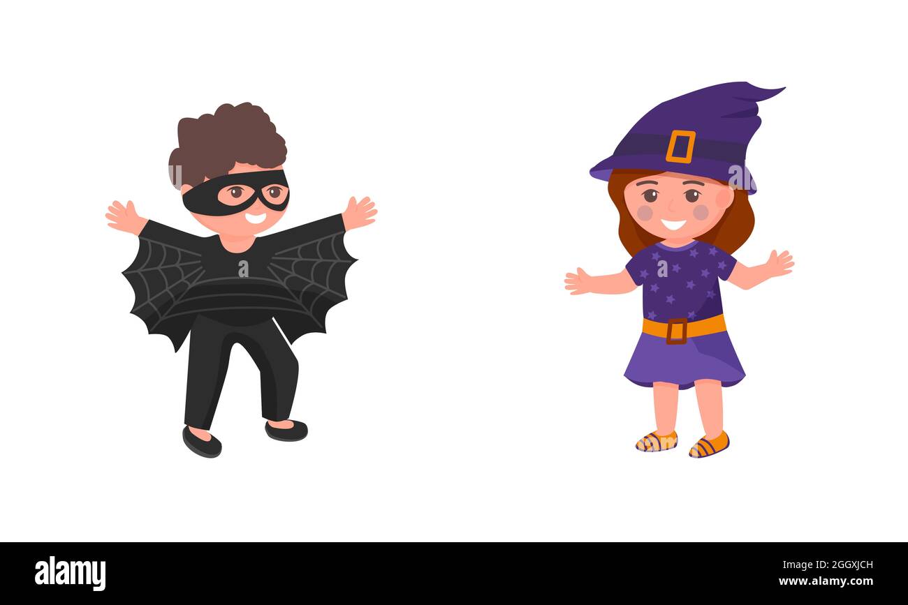 Kids in costumes isolated vector illustration. Girl in witch costume and boy in bat costume cartoon style on white background. Children pretending and Stock Vector